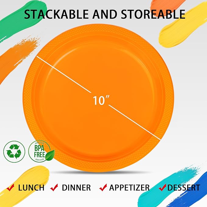 WELLIFE Orange Party Plates 10 Inch -150 Count, Plastic Disposable Dinner Plates for Party Easter Halloween Thanksgiving Picnic BBQ