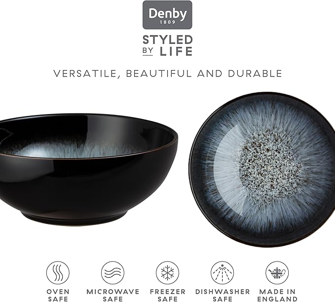 Denby - Halo Coupe Cereal Bowls Set of 6-27 Ounce Reactive Glaze, Dishwasher Microwave Safe - Scratch Chip Resistant - Grey, Black Ceramic Stoneware Soup Bowls Tableware