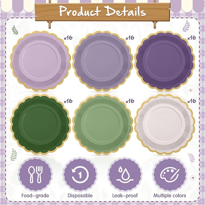 96 Pcs Sage Green Purple Paper Plates 9 Inch Lavender Scalloped Paper Disposable Dinner Dessert Plates for Birthday Wedding Bridal Party Supplies, 6 Colors