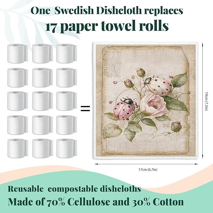 Swedish Dishcloths for Kitchen, Vintage Floral Swedish DishCloths, Papaya Reusable Paper Towels Washable, 4 Pcs Dish Towels for Kitchen Party Home Housewarming Cleaning Cloths