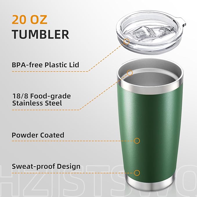 20 oz Tumbler Bulk with Lid Stainless Steel Insulated Tumblers Double Wall Vacuum Coffee Mug Powder Coated Tumbler Cups for Cold and Hot Drinks, Dark Green, 6 pack