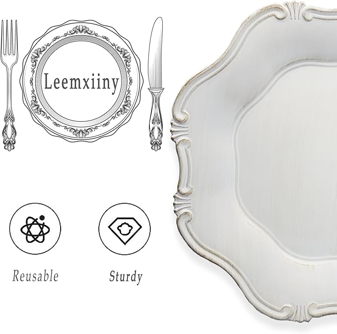 White Charger Plates Set of 6, Decorative Table Plastic Chargers for Dinner Plates, Party, Wedding, Thanksgiving, Christmas， JX11W