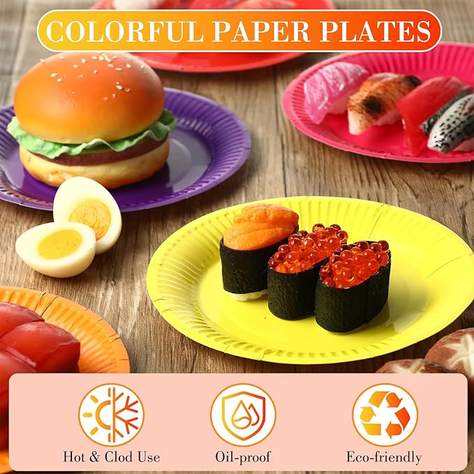 Thenshop 300 Pcs Colorful Paper Plates 7 Inch Disposable Party Plates for Dessert Cake Birthday Party Supplies(Warm Colors)