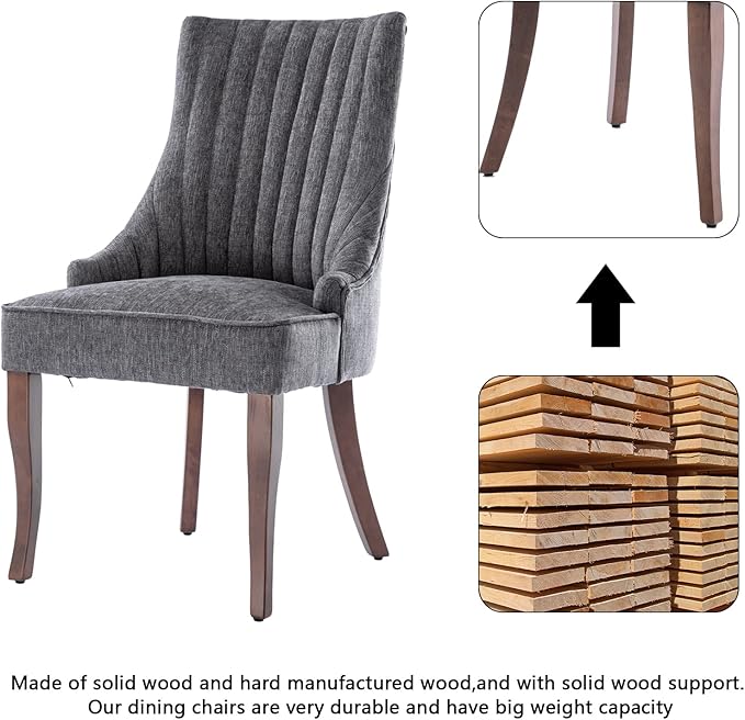mikibama Linen Dining Chairs Set of 4 Channel Tufted Kitchen Dinner Chair Comfy Fabric Upholstered Accent Chair for Dining Room with Solid Wood Legs (Grey 4pc)