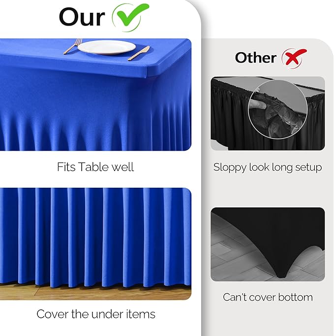 Wish Care 2 Pack Royal Blue Spandex Table Clothes for 4 Foot Rectangle Tables, 4FT Wrinkle Free Fitted Tablecloths Ruffles Design Table Cloth for Party, Banquet, Wedding and Events
