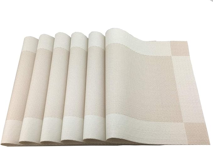 Gugrida Vinyl Beige Placemats Heat Resistant Dining Table Mats Non-Slip Washable Place Mats Set of 6 （Beige）