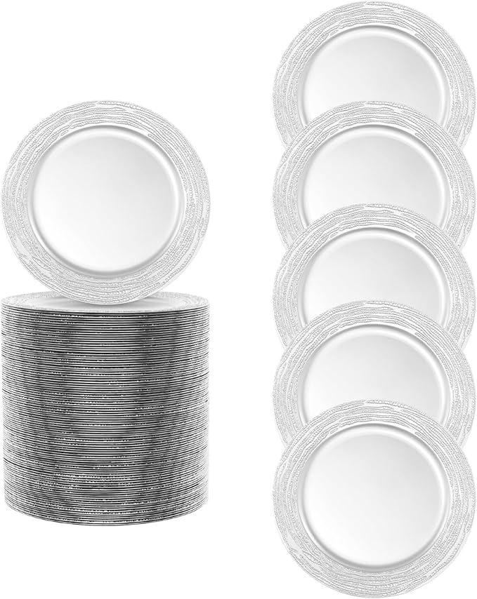 100 PCS Antique Charger Plates Bulk, 13 Inch Round Textured Edge Plastic Dinner Chargers, Bulk Plastic Charger Plates Set for Wedding, Party, Table Decor (Silver)