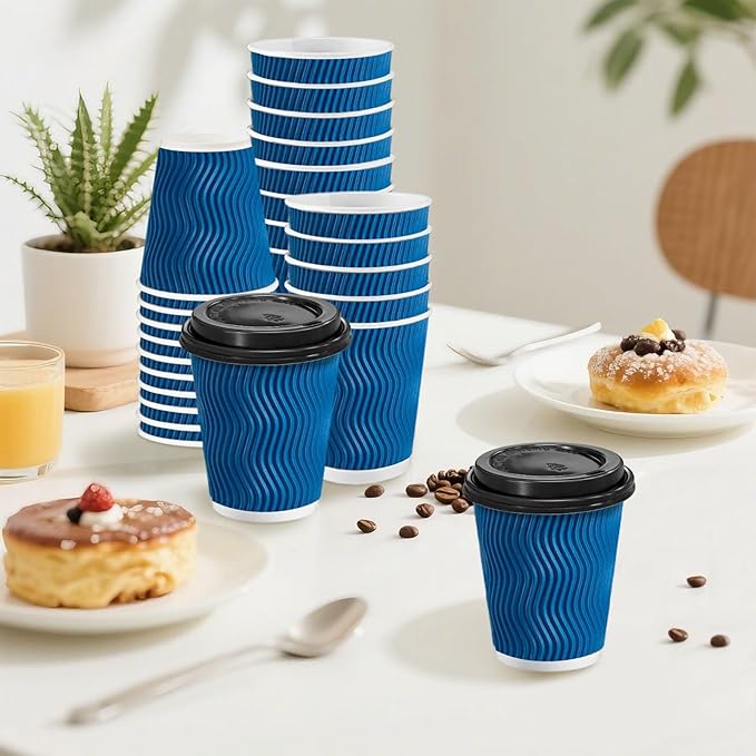 100 Pack Coffee Cups with Lids 8 oz, Disposable Insulated Ripple Wall To Go Paper Coffee Cups for Hot/Cold Drinks Office Home Shop Event (Navy)