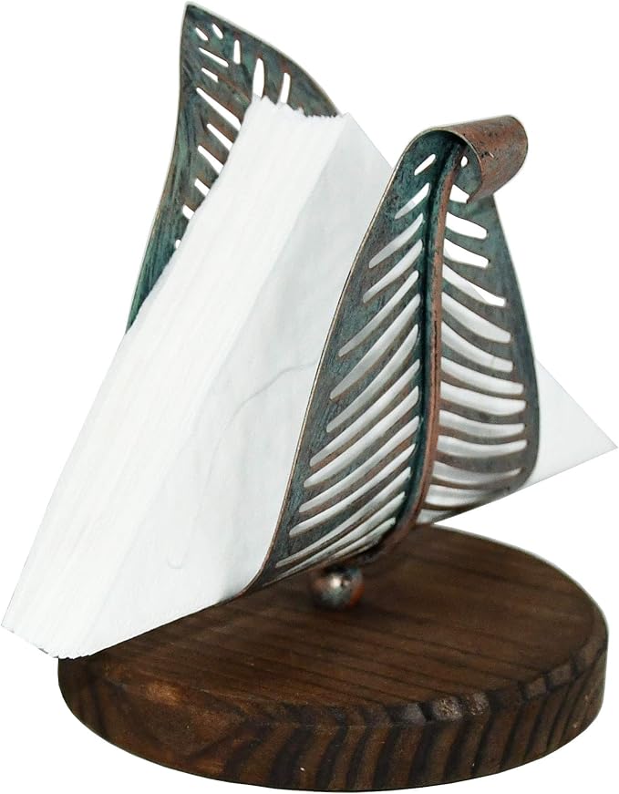 OwlGift Freestanding Modern Napkin Holder w/Golden Turquoise Metal Leaf & Brown Wooden Base Design, Tabletop Tissue Dispenser, Napkin Storage Organizer