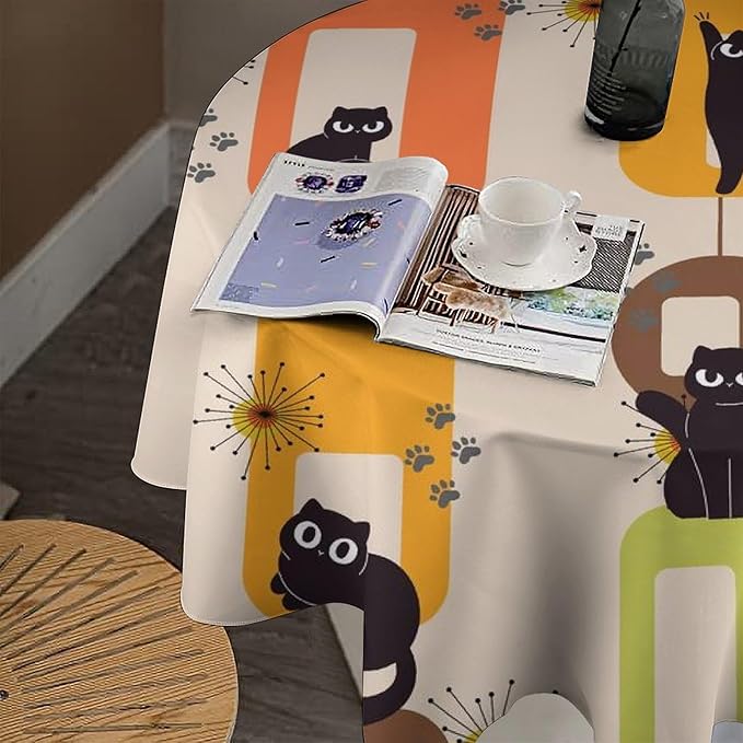 Bohemian Black Cat Round Tablecloth, Rustic Vintage Mid Century Geometric Tablecloth for Home Party Dining Room Kitchen Decor 36Inch(90cm)