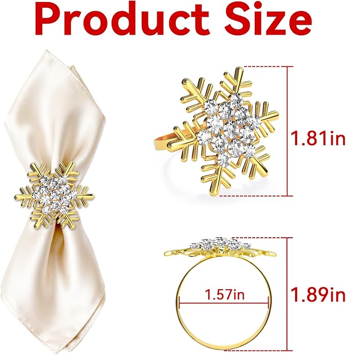 ZeeDix Christmas Gold Snowflake Napkin Rings Set of 12, Napkins Ring for Dinning Table - Rustic Dinner Tables Decoration for Wedding Receptions Christmas Thanksgiving Holiday Party Dinner Parties
