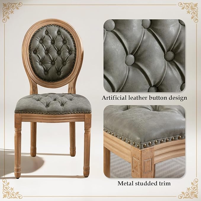 SoarFlash French Dining Chairs Set of 4, Vantage Dining Chair with Round Back, Farmhouse Country PU Leather Dining Chair for Kitchen,Bedroom,Green