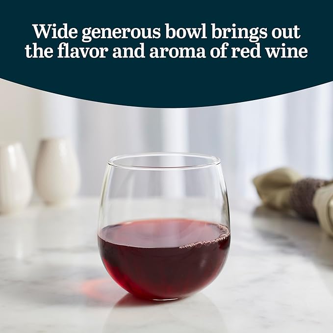 Libbey Stemless Red Wine Glasses, 16.75 Oz Classy, Wide Bowl Stemless Wine Glasses Set of 8, Chip Resistant Glasses Drinking Set for Get-Togethers