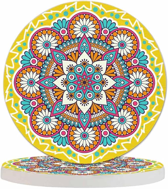 Flower Mandala Round Coaster for Home Coffee Table Chinese Oriental Mystic Yellow Background Asin Ornament Farmhouse Drink Coasters 100% Diatomite 4''X 4''X 0.35'' Printed Pattern