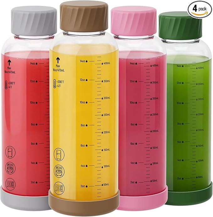Sursip 16 oz Glass Juice Bottles – 4 Pack Borosilicate Glass Bottles with Lids – Heat-Resistant, BPA Free, Leakproof & Reusable for Juicing, Smoothies, Milk, Protein, Water