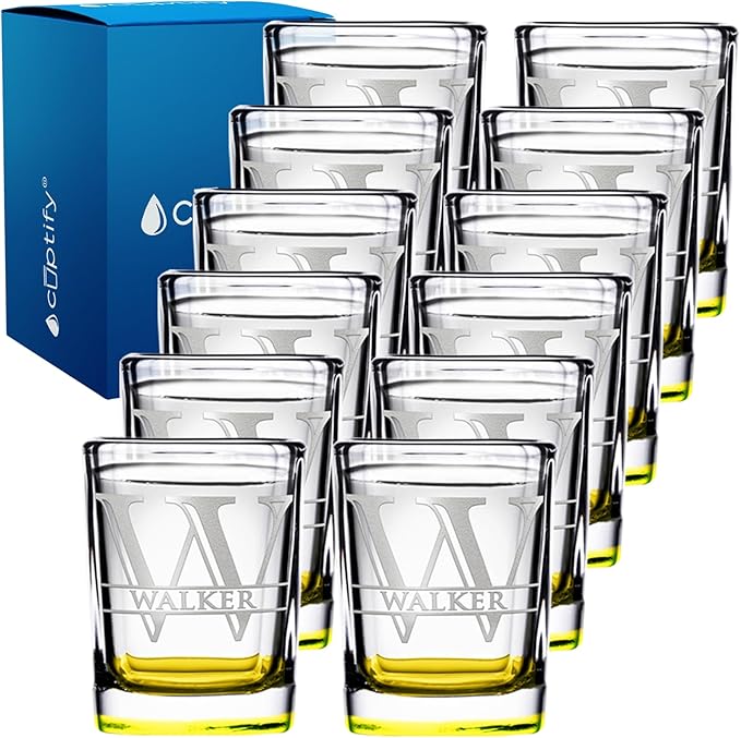 Personalized Square Shot Glasses Set of 12 Yellow Bottom 2oz Engraved Initial and Name Custom Gifts, Weddings, Birthdays, Party, Event, Decorations