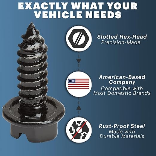 Black License Plate Screws Kit - Set of 8 Fasteners For Front and Back License Plates and License Plate Frames or Covers on Domestic Cars, Trucks, SUVs - Rustproof, Self Tapping Mounting Bolts (Black)
