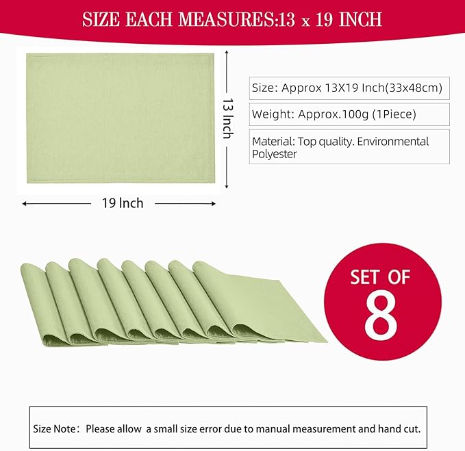Cloth Place Mats Set of 8–Reusable Rectangular Waterproof Fabric Polyester Washable Wipeable Heat Resistant Linen for Kitchen Dining Dinner Restaurant Wedding Table(Mint Green/13x19 Inch)