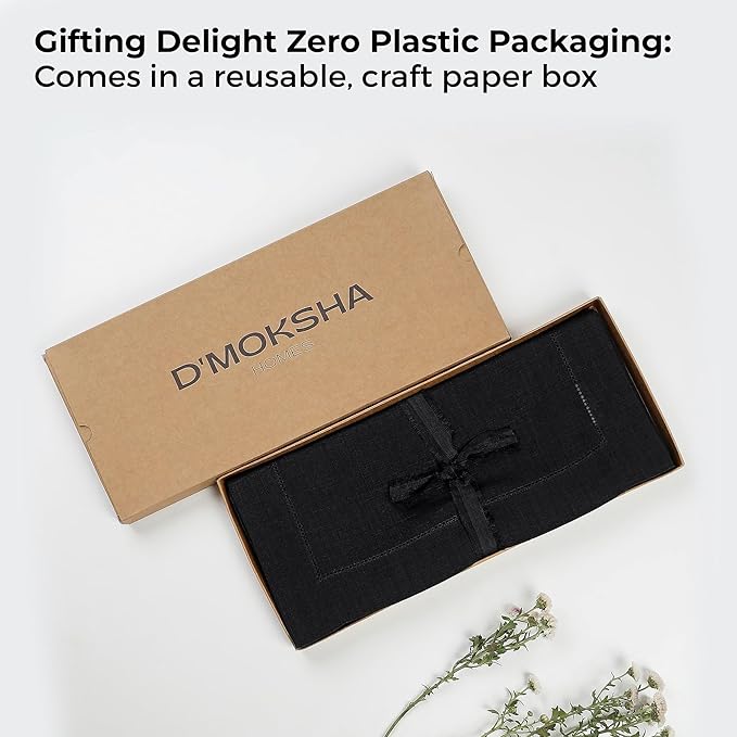 D'Moksha Homes Linen Black Table Runner 144 Inches Long - 100% Pure Linen Extra Long Table Runner 14 x 144 Inch for Spring, Easter - Classic Hemstitch