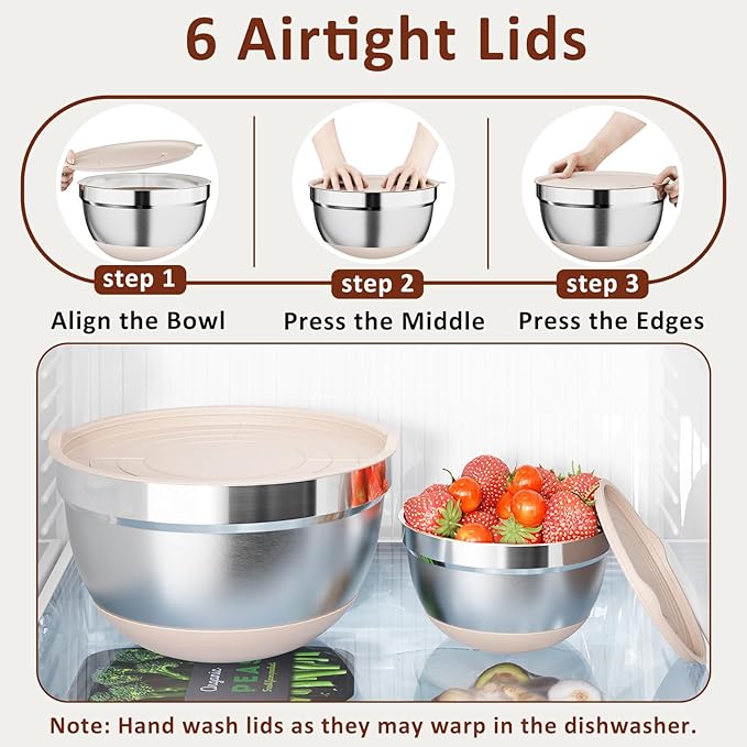 9 Pack Mixing Bowls with Airtight Lids Set, Stainless Steel Mixing Bowls with Grater Attachments, Nesting Kitchen Bowl Set with Non-Silp Bases, Size 7, 4, 3, 2, 1.5,1QT, Khaki