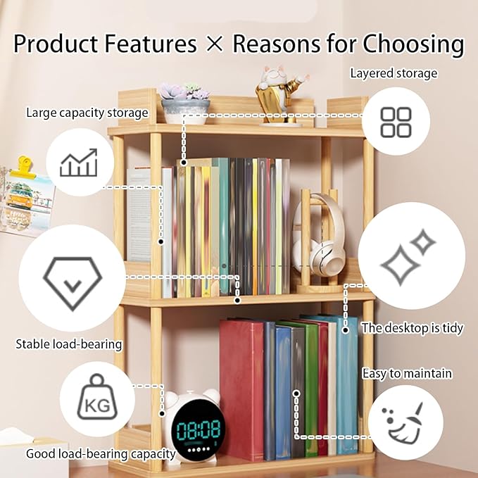 Desktop Organizer Shelf, Multi Tier Wood Tabletop Bookshelf, Space Saving Countertop Storage Rack for Office, Bedroom, Living Room(Warm White,15.7 * 7.8 * 14.5in)