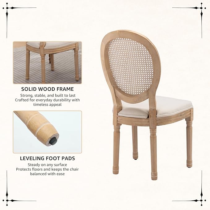 Vintage French Rattan Dining Chairs Set of 4, Solid Wood Frame with Round Rattan Back and Linen Upholstered Seat, Farmhouse Accent Sillas de Comedor Side Chairs for Dining Room & Kitchen, Beige