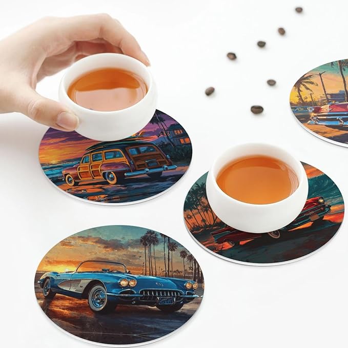 Car Print Coasters for Drinks with Holder Round Leather Coasters Set of 6 Cups Mugs Mat Pad for Home Kitchen Bar