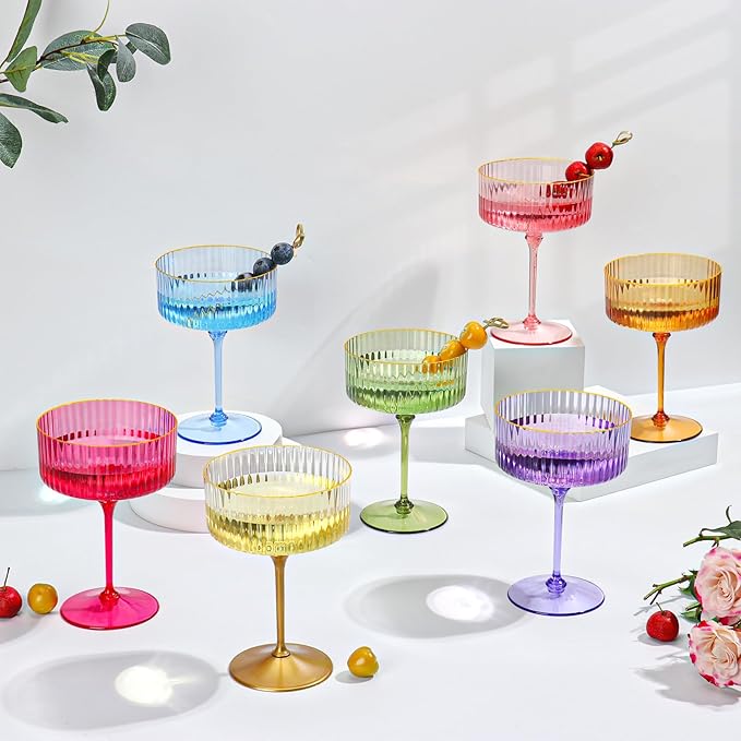 12 PCS Ribbed Coupe Glasses Amber Plastic Champagne Coupe Cup 10oz Detachable Gold Rim Espresso Martini Glass Vintage Margarita Glassware Cocktail Glass Disposable for Thanksgiving Wedding