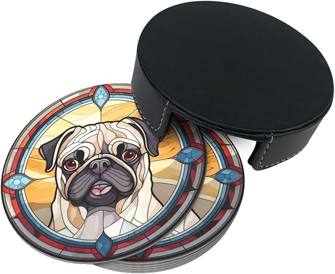 Drink Coaster Set of 6, Pug Dog Mom Lover Gift,Leather Drink Coasters with Holder,6 Pack Cup/Bar/Drink Coasters for Table/Drinks/Coffee Protection Housewarming Gift