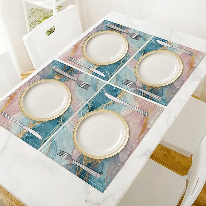 Marble Linen Place Mats Set of 2, 12x17 Inch Modern Luxury Foil Texture Pink Blue Gold Marble Washable Fabric Non-Slip Placemats for Home Dining Table Banquets Party Kitchen Decoration