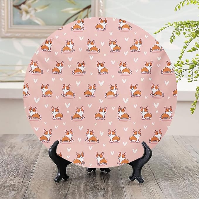 Ceramic Display Plate, Dog Lover Ceramic Hanging Decorative Plate, Cute Little Corgi Jumping Running and Standing, 6 Inch, Household Custom Ceramic Plate, Coral Orange White