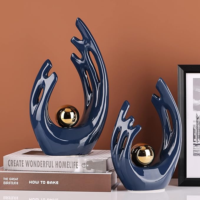 LCCCK 12" H Navy Blue Aesthetic Room Decor Accent, TV Stand Funky Table Centerpiece, Abstract Art Ceramic Statue and Sculpture, Blue Decor for Living Room, Bookshelf Decorative Objects, Shelf Decor