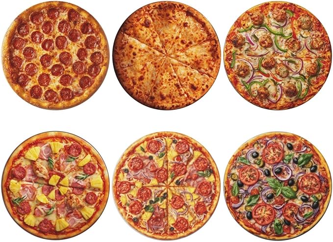 Pizza Coasters for Drinks with Holder Round Leather Coasters Set of 6 Cups Mugs Mat Pad for Home Kitchen Bar