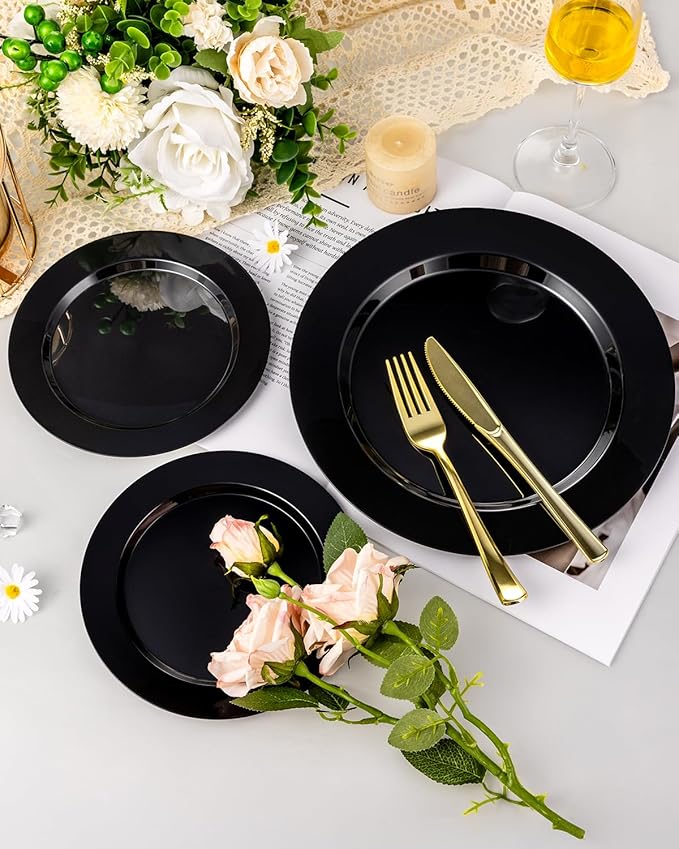 BESTVIP 200PCS Black Plastic Plates, Disposable Party Plates with 100 Dinner Plates and 100 Dessert Plates, Plastic Plates for Party, Wedding,Halloween and Birthday (Black, 200PCS)