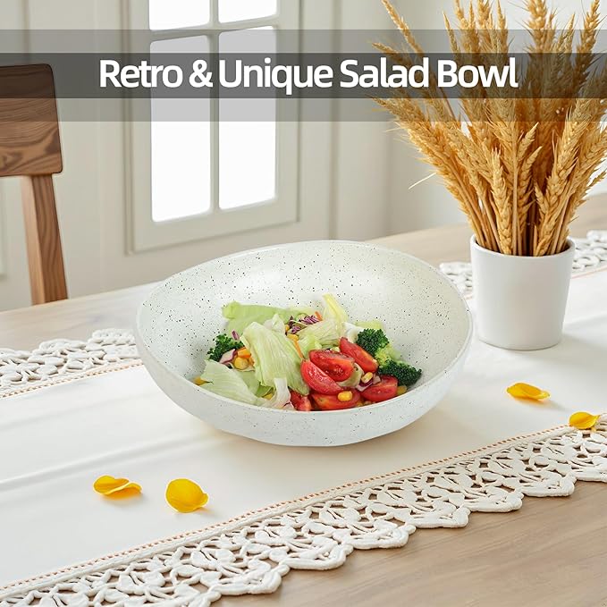 White Speckled Ceramic Decorative Bowl, Textured Stoneware Fruit & Salad Bowl for Table Centerpiece or Entryway