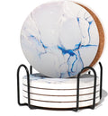 Marble Ceramic Coasters with Metal Holder 6 Pcs Abstract Absorbent Drink Round Ceramic Table Coasters Set Decorative Coffee Cup Beverage 4 Inches- Light Blue