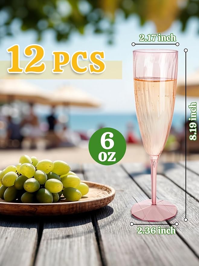 WDF 12PCS Colorful Plastic Champagne Flutes - 6 OZ Colorful Disposable Champagne Flutes - Perfect for Wedding Parties Birthday Valentines Day