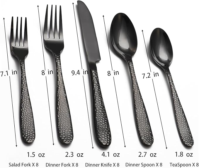 Black Hammered Silverware Set, 40 Piece Stainless Steel Heavy Duty Flatware Set for 8, Food-Grade Tableware Cutlery Set for Home Restaurant, Mirror Polished, Dishwasher Safe