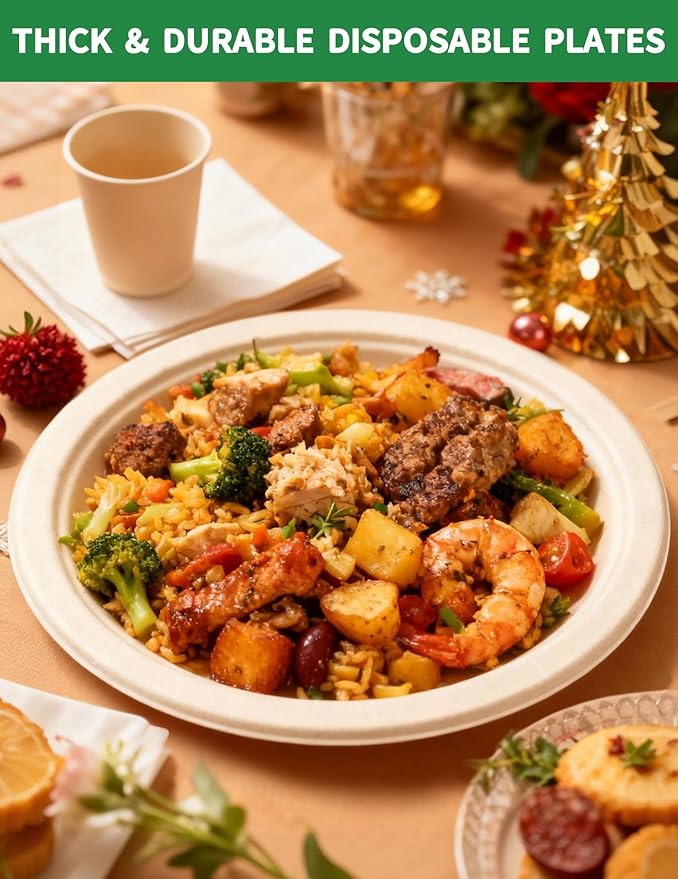 100% Compostable 10 Inch Large Paper Plates [100 Pack Bulk] - Heavy Duty & Leak-Resistant Disposable Plates Made of Sugarcane Bagasse | Perfect for Dinner, Catering, Parties, Wedding & Birthday