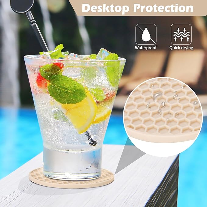 Silicone Coaster Set of 12 with Holder, Drinks Coasters, Beer & Coffee, Suitable for All Cups, Hot or Cold, Anti-Slip, Non-Stick, Anti-Overflow Tabletop Protection and Decor (12 Pcs, Tapioca)