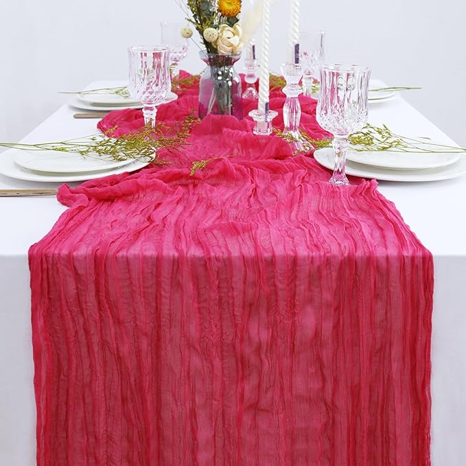 FUHSY Cheesecloth Table Runners Bulk 10 Pack 10FT Long Hot Pink Table Runner Rustic Gauze Fabric Table Runners for Weddings Boho Cheese Cloth Sheer Runner for Birthday Baby Shower Decoration