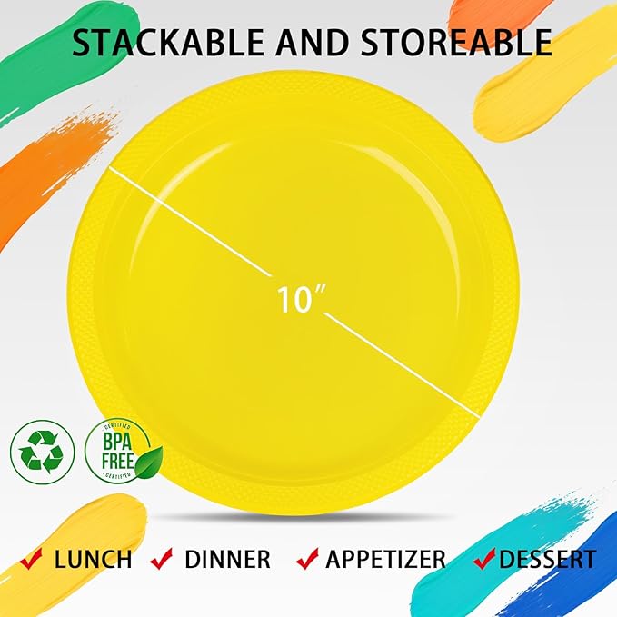 WELLIFE Yellow Plastic Party Plates 10 Inch -150 Count, Disposable Plastic Dinner Plates for Easter Spring Parties Mother's Day Picnic BBQ