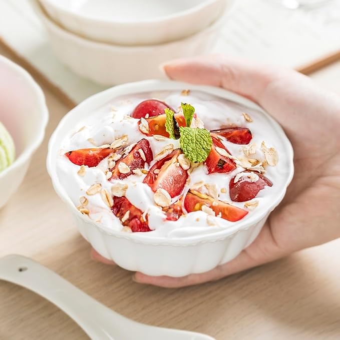 HOMBENE Ceramic Soup Serving Bowls for Kitchen, 6.4 Inch, Set of 4, Cereal Bowl Porcelain, Oven & Microwave Safe, White