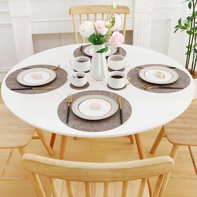 Homaxy Round Faux Leather Placemats and Coasters, Washable Dual-Side Table Mats, Wipeable Heat-Resistant Dining Place Mats for Outdoor and Indoor, Set of 4, Diameter 13 and 3.93 inch, Light Brown