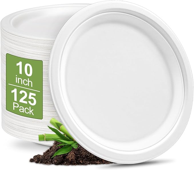 Disposable Paper Plates 10 Inch Bulk [125 Pack - White ] Heavy Duty Eco Friendly Compostable Dinner Plates, Biodegradable Sturdy Paper Plates Large, Microwave-Safe