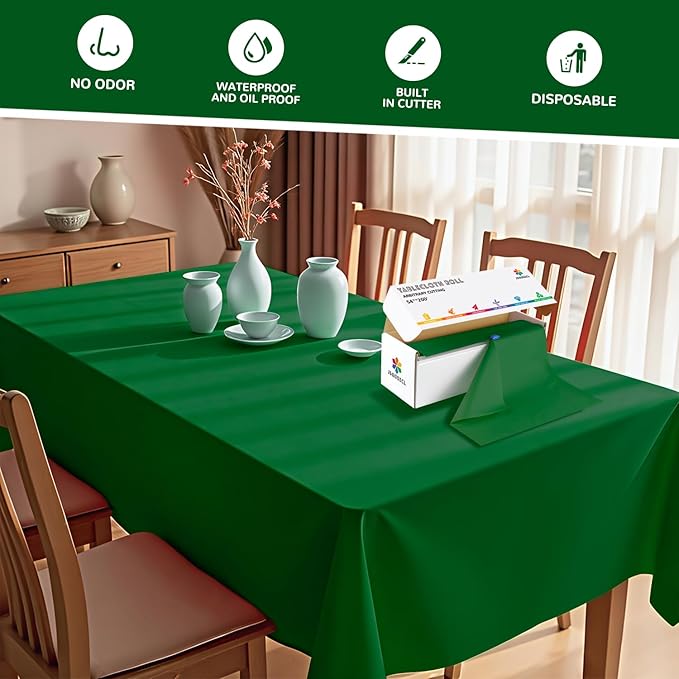 54 Inch X 200 Feet Plastic Table Cover Roll with Convenient Slide Cutter, Disposable Plastic Table Cloth Roll with Cut-to-Size Design for Weddings, Banquets, Parties (Green)