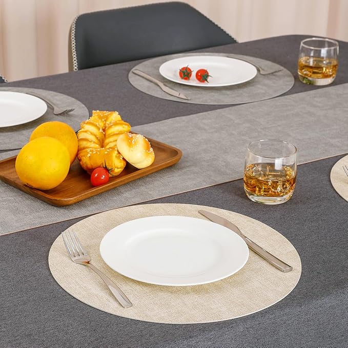 Myir JUN Reversible Vinyl Round Placemats Set of 4, Faux Leather Place Mats Dual Sided Waterproof Wipeable, Heat-Resistant Table Mats for Kitchen Dining Indoor Outdoor (14", Light Gray Cream-White)
