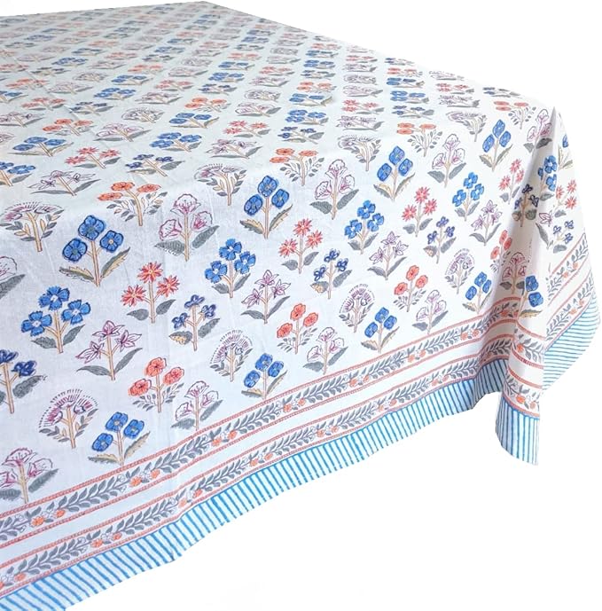 ATOSII Flora Bloom 100% Cotton Rectangle Boho Fall Tablecloth, Handblock Floral Table Cloth Linen for Kitchen Dining I Parties Wedding Outdoors Christmas Thanksgiving I 72 X 108 Inches I 8 Seater