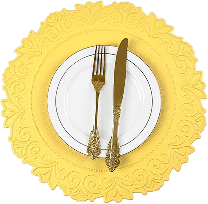 Noctiflorous Round Faux Leather 15 Inch Placemats Set of 4 Waterproof Wipeable Heat Resistant Tablemat for Dining Table Kitchen Non Slip Washable Oilproof Table Place Mat(Mango Yellow, 4)