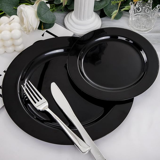 FLOWERCAT 100PCS Black Plastic Plates - Heavy Duty Black Disposable Plates for Birthday Party/Wedding/Father's Day- serve 50guests 10 inch and 7 inch Set